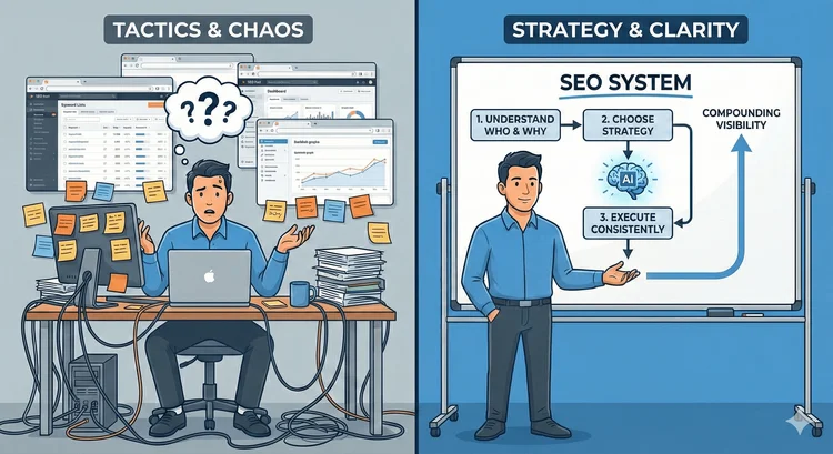 A visual comparison: chaotic tactics contrasted with a clear, structured SEO strategy leading to visibility.