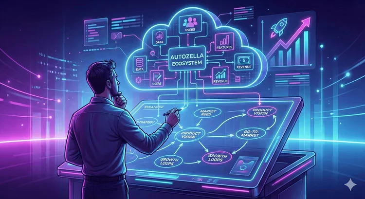 Man interacts with a holographic interface displaying a cloud ecosystem and business strategy flowchart.